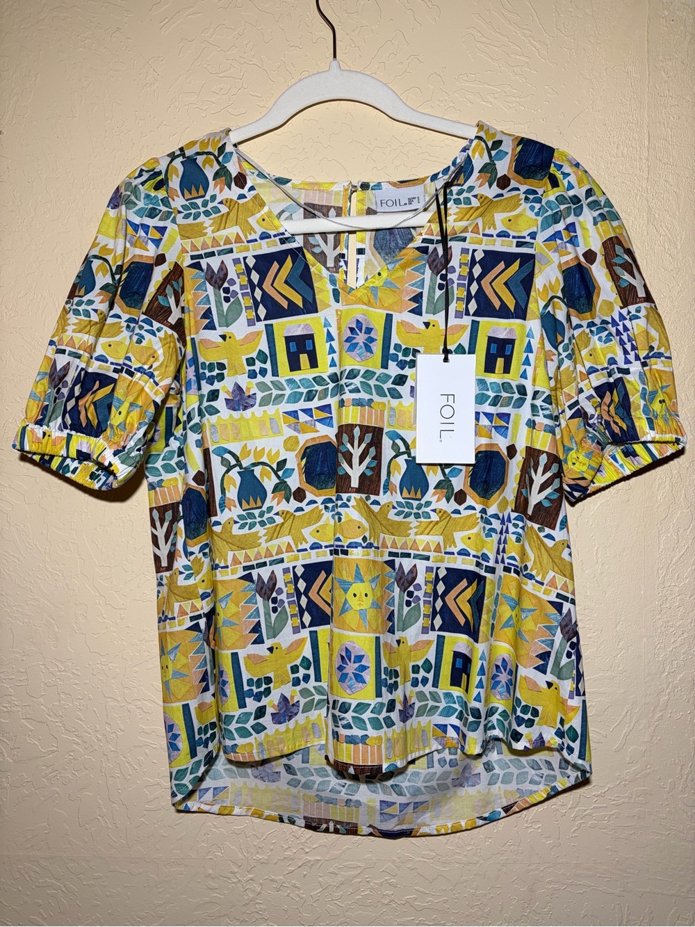 Foil - Yellow Geometric Print Short Sleeve Blouse